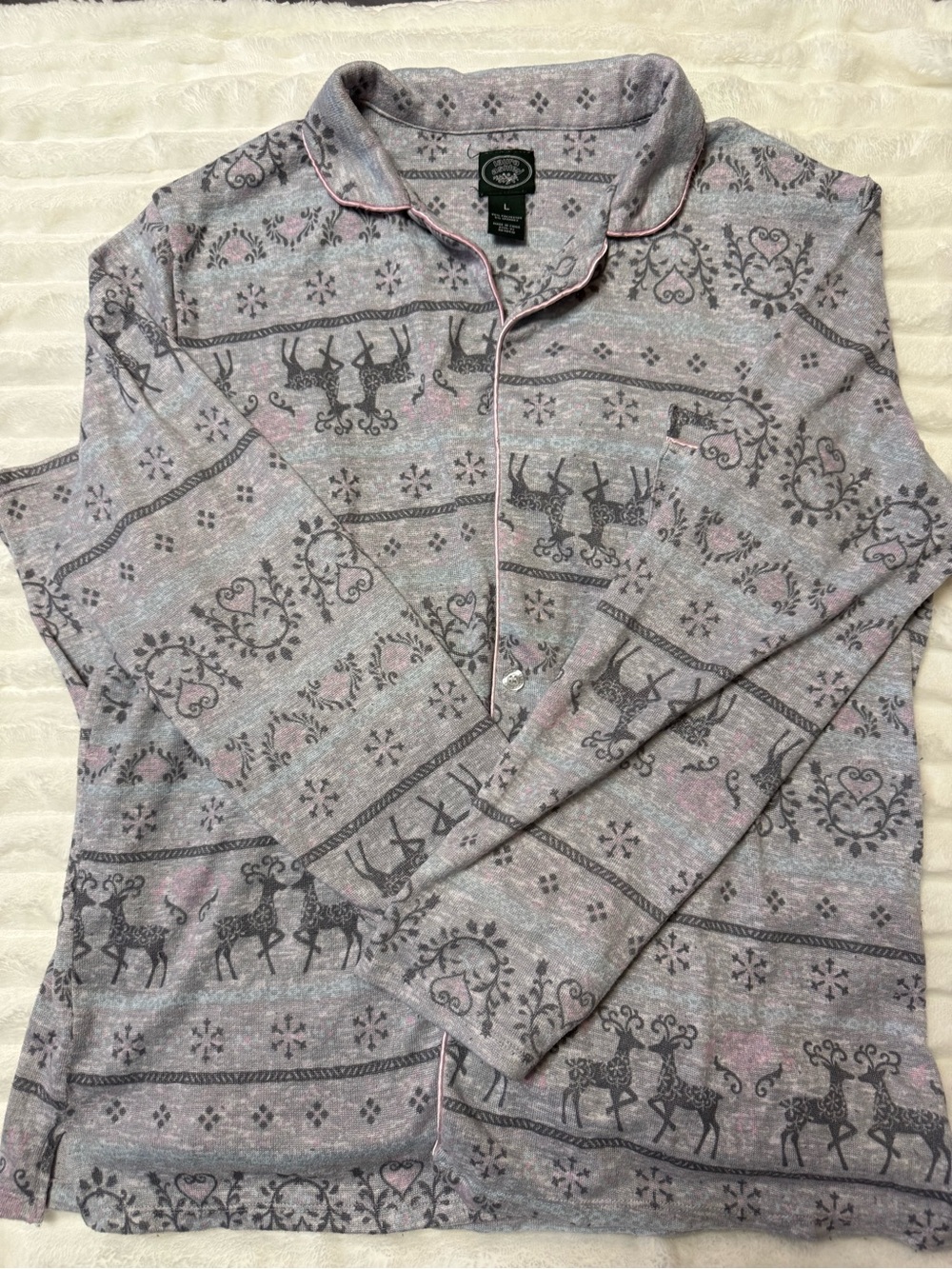 Laura Ashley Gray & Pink Reindeer Button Pajama Top